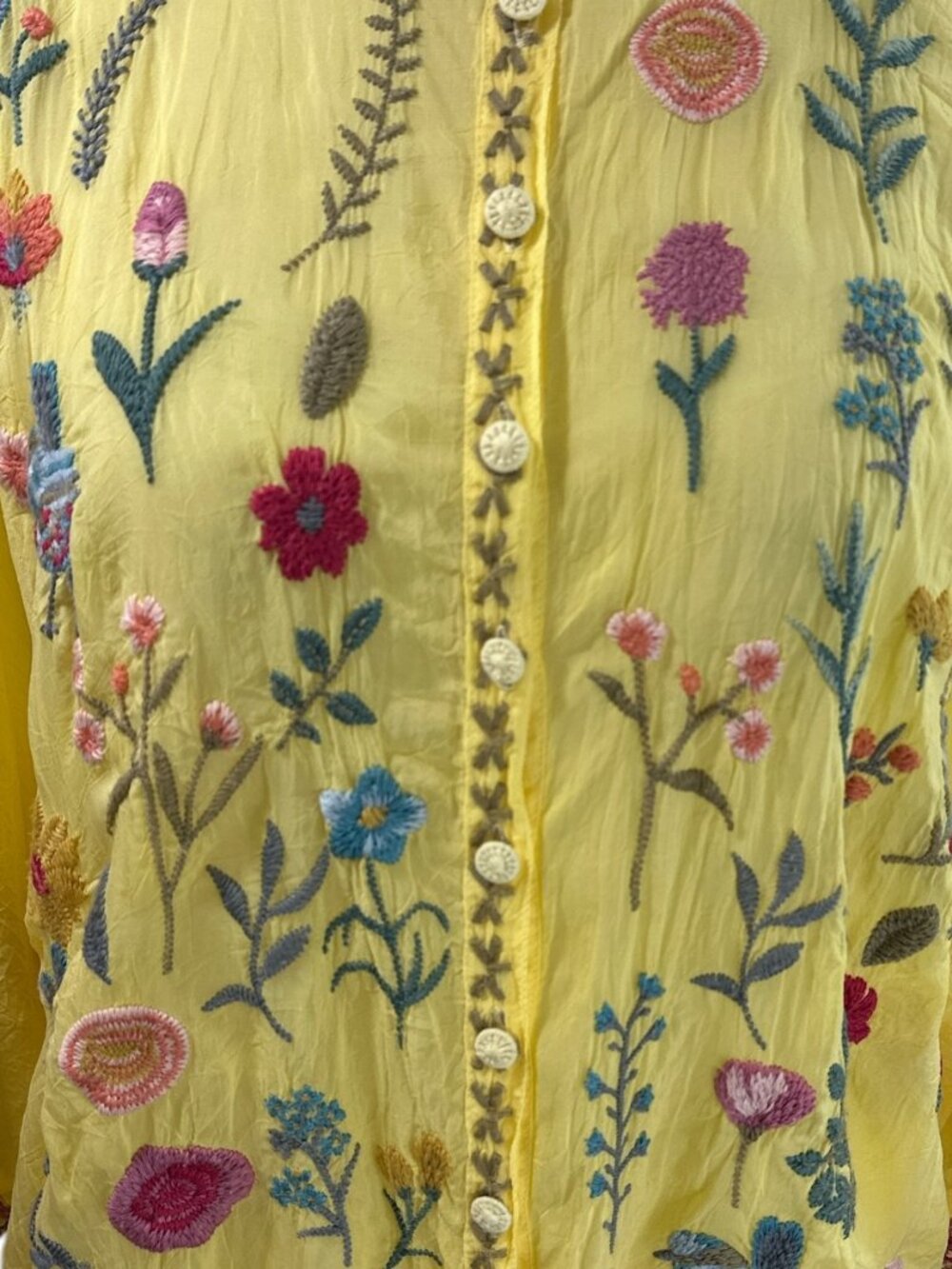 Johnny Was Embroidered Blouse Top Roylane Floral Birds Yellow Sz S - Picture 6 of 16